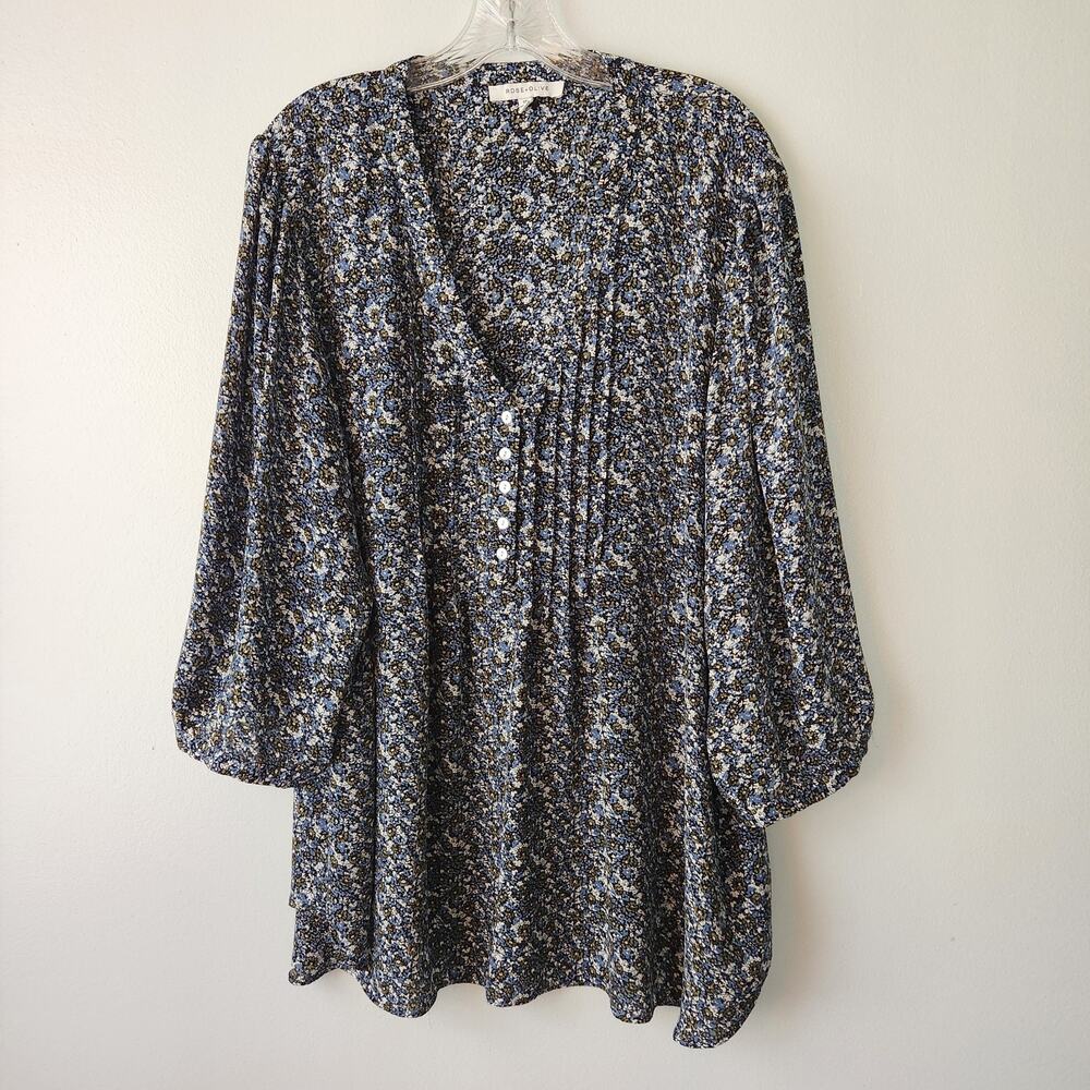 Rose + Olive Top Women's 3X Blue Floral Tunic Pintuck Workwear Cottagecore Boho